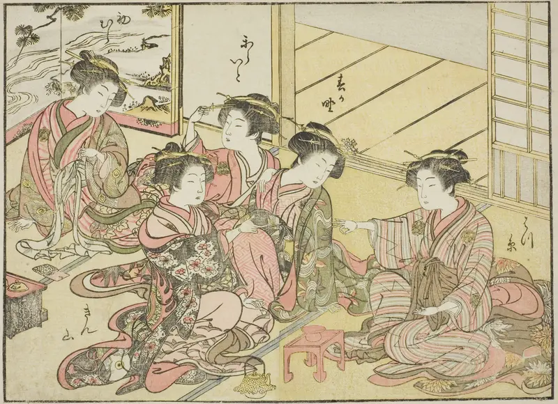 Courtesans of the Gakuiseya, from the book "Mirror of Beautiful Women of the Pleasure Quarters (Seiro bijin awase sugata kagami)," vol. 1 Wall Art by Katsukawa Shunsho - High-Resolution Digital Print