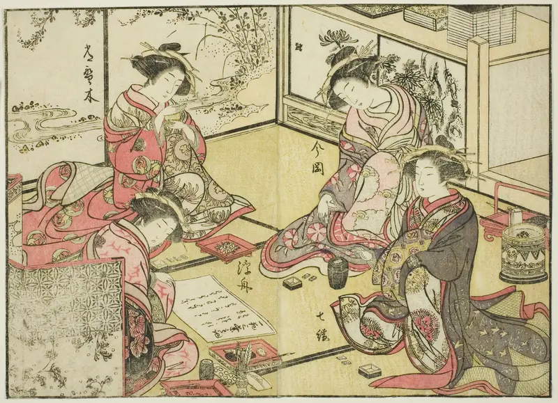 Courtesans of the Kadokaneya, from the book "Mirror of Beautiful Women of the Pleasure Quarters (Seiro bijin awase sugata kagami)," vol. 2