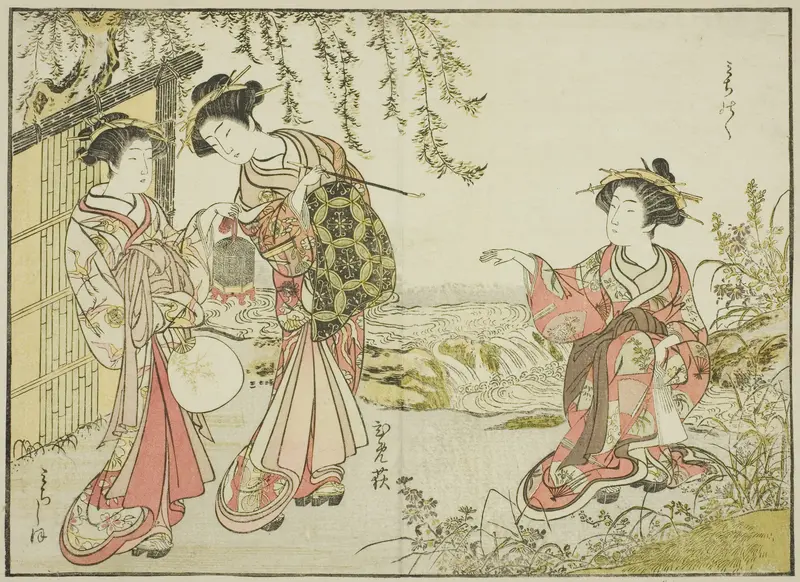 Courtesans of the Kadotsutaya, from the book "Mirror of Beautiful Women of the Pleasure Quarters (Seiro bijin awase sugata kagami)," vol. 1 Wall Art by Katsukawa Shunsho - High-Resolution Digital Print