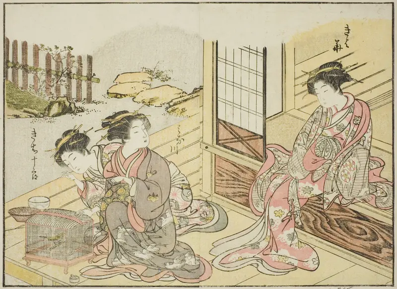 Courtesans of the Kagemanjiya, from the book "Mirror of Beautiful Women of the Pleasure Quarters (Seiro bijin awase sugata kagami)," vol. 1 Wall Art by Katsukawa Shunsho - High-Resolution Digital Print