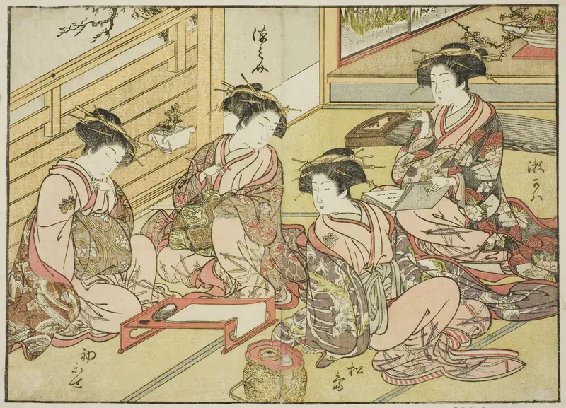 Courtesans of the Matsubaya, from the book "Mirror of Beautiful Women of the Pleasure Quarters (Seiro bijin awase sugata kagami)," vol. 1 Wall Art by Katsukawa Shunsho - High-Resolution Digital Print