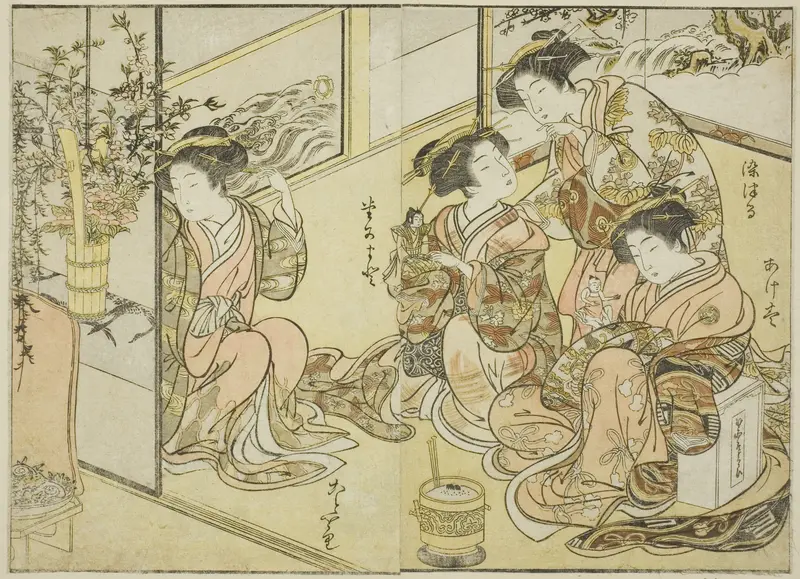 Courtesans of the Matsuneya, from the book "Mirror of Beautiful Women of the Pleasure Quarters (Seiro bijin awase sugata kagami)," vol. 1 Wall Art by Katsukawa Shunsho - High-Resolution Digital Print