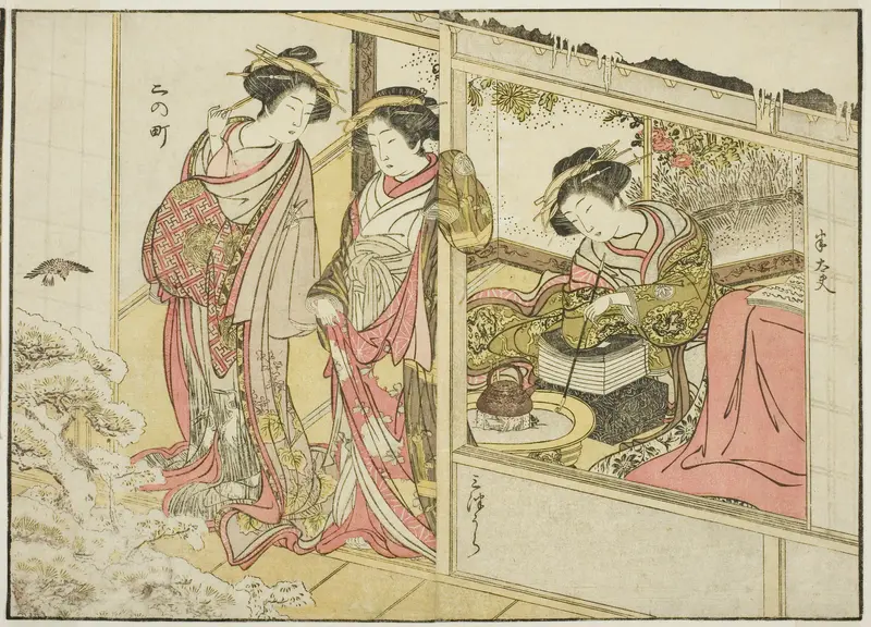 Courtesans of the Nakaomiya, from the book "Mirror of Beautiful Women of the Pleasure Quarters (Seiro bijin awase sugata kagami)," vol. 2