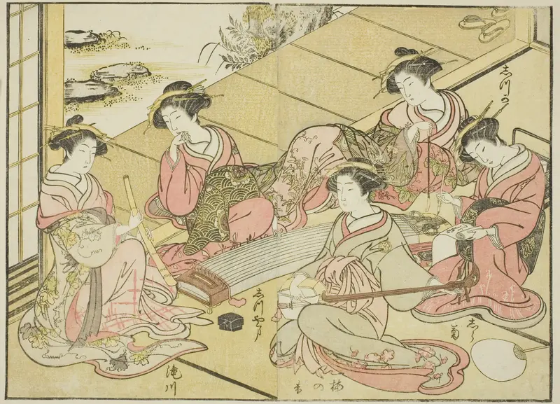 Courtesans of the Tamaya, from the book "Mirror of Beautiful Women of the Pleasure Quarters (Seiro bijin awase sugata kagami)," vol. 1 Wall Art by Katsukawa Shunsho - High-Resolution Digital Print