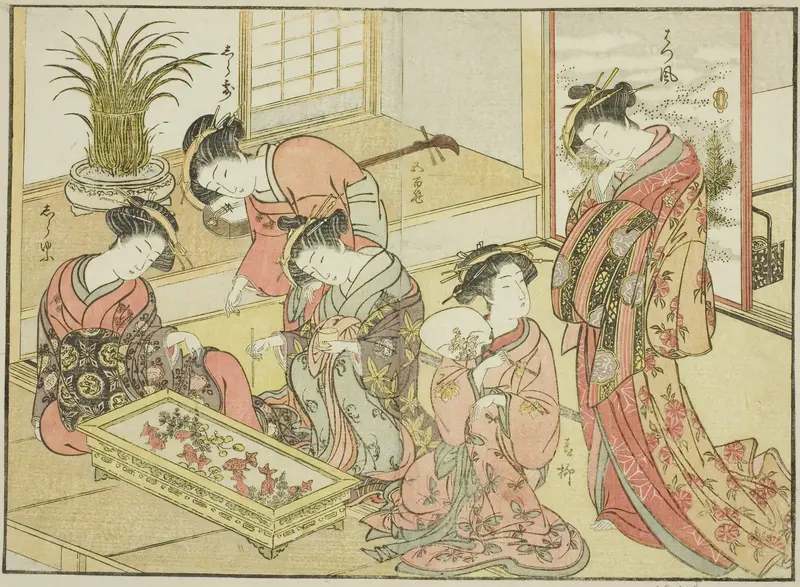 Courtesans of the Wakanaya, from the book "Mirror of Beautiful Women of the Pleasure Quarters (Seiro bijin awase sugata kagami)," vol. 1 Wall Art by Katsukawa Shunsho - High-Resolution Digital Print