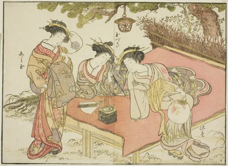 Courtesans of the Yadaya, from the book "Mirror of Beautiful Women of the Pleasure Quarters (Seiro bijin awase sugata kagami)," vol. 1 Wall Art by Katsukawa Shunsho - High-Resolution Digital Print