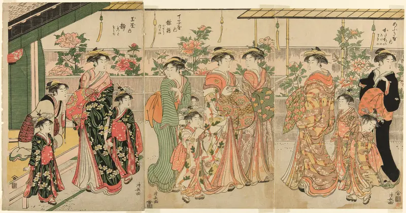 Courtesans of Yoshiwara and their attendants viewing the peonies on Nakanocho
