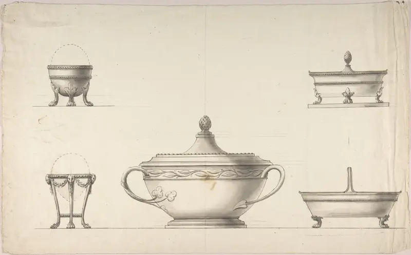 Covered Dish, Two Egg Cups, and Two Salt Cellars Wall Art by Anonymous, Italian, 19th century - High-Resolution Digital Print