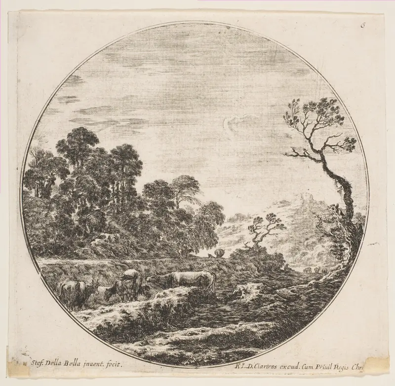 Cows crossing a valley at left, a horseman and other cows in the background, plate 6 from "Roman landscapes and ruins" (Paysages et ruines de Rome) Wall Art by Stefano della Bella - High-Resolution Digital Print