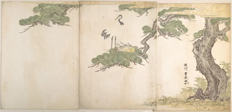 Crane and Their Young in Their Nest in the Branches of a Pine-tree