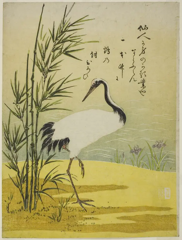 Crane, Bamboo and Iris