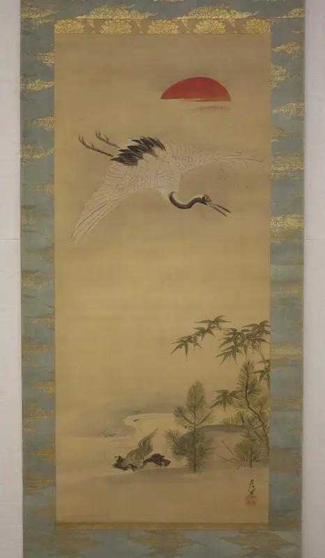 Crane, Tortoise, Pine, and Bamboo under a Rising Sun