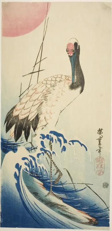 Crane, waves, and rising sun