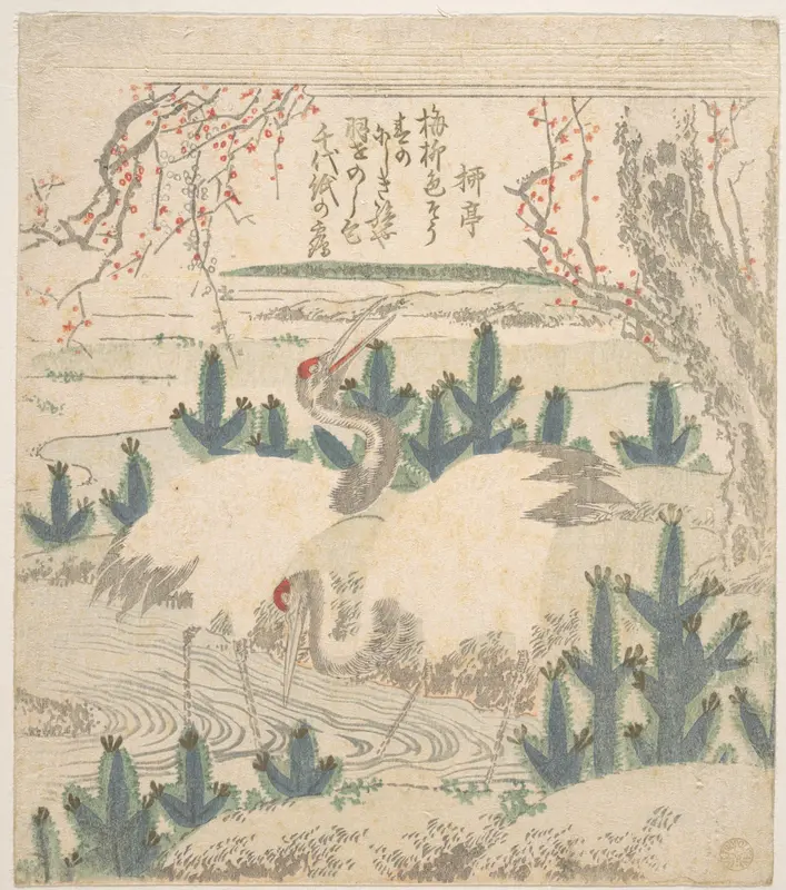 Cranes Among Young Pines Near a Stream