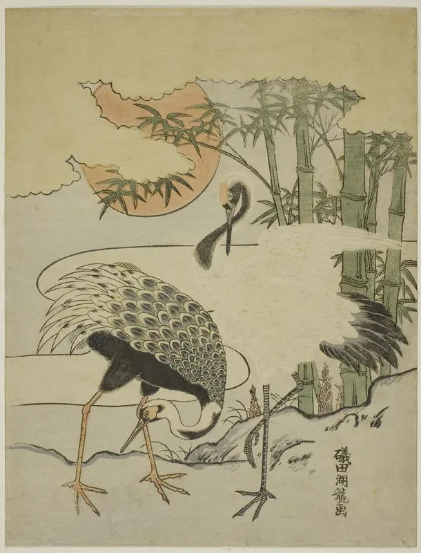 Cranes and Bamboo Wall Art by Isoda Koryusai - High-Resolution Digital Print