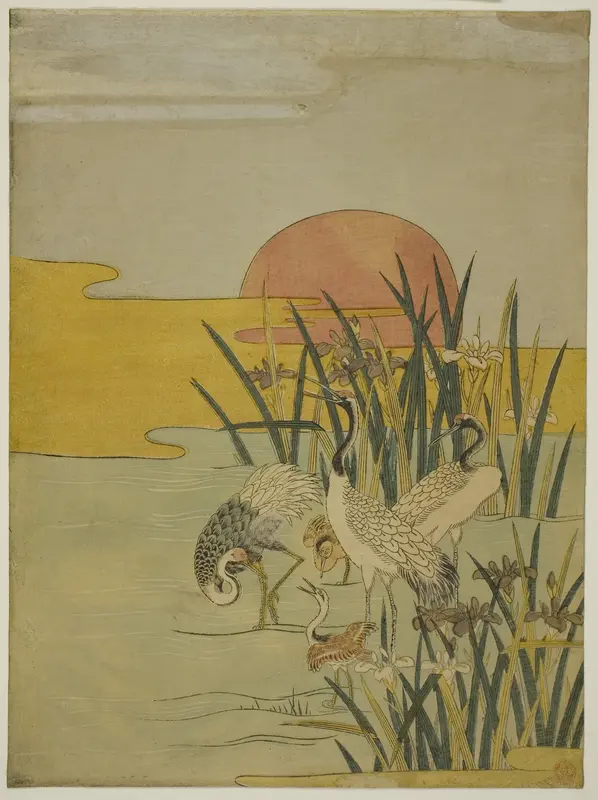 Cranes in an Iris Pond at Sunrise Wall Art by Isoda Koryusai - High-Resolution Digital Print