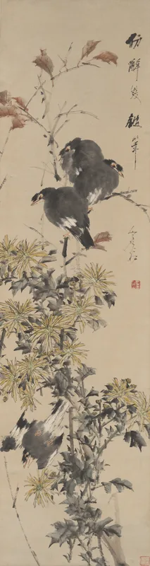 Crested Myna Birds and Chrysanthemums Wall Art by Xugu - High-Resolution Digital Print
