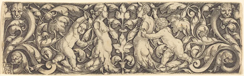 Cross Panel with Vine in Center and Tritons' Couple Wall Art by Heinrich Aldegrever - High-Resolution Digital Print