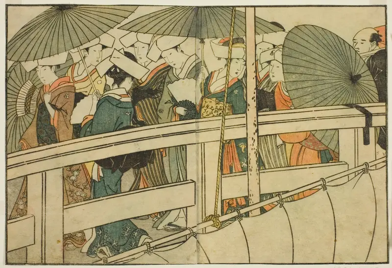 Crossing a Bridge in Summer, from the illustrated book "Picture Book: Flowers of the Four Seasons (Ehon shiki no hana)," vol. 1