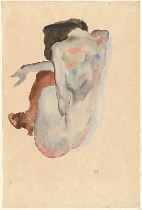 Crouching Nude in Shoes and Black Stockings, Back View Wall Art by Egon Schiele - High-Resolution Digital Print