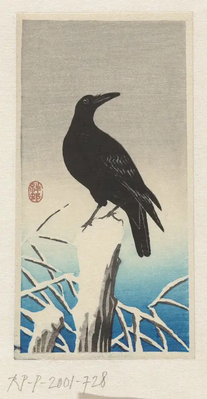 Crow on snow-covered tree stump Wall Art by Watanabe Shōzaburō - High-Resolution Digital Print