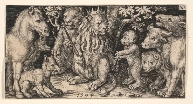 Crowned Lion from Fighting Chimeras and Scenes from Aesop's Fables Wall Art by Nicolaes de Bruyn - High-Resolution Digital Print