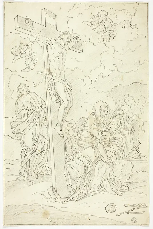 Crucifixion with Saint John the Evangelist, the Virgin and Two Maries Wall Art by School of Francesco Solimena - High-Resolution Digital Print