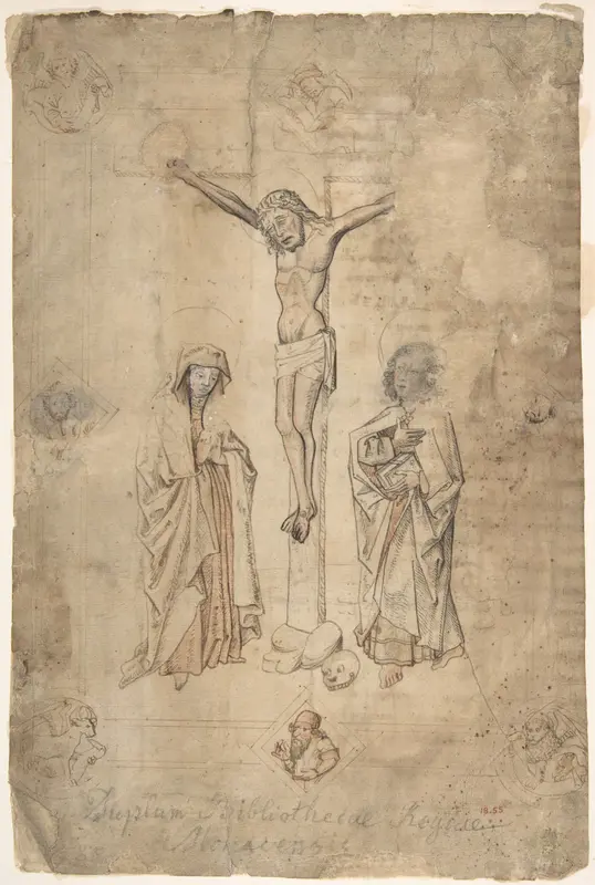 Crucifixion with the Virgin and St. John the Evangelist Wall Art by Anonymous, German, 15th century - High-Resolution Digital Print