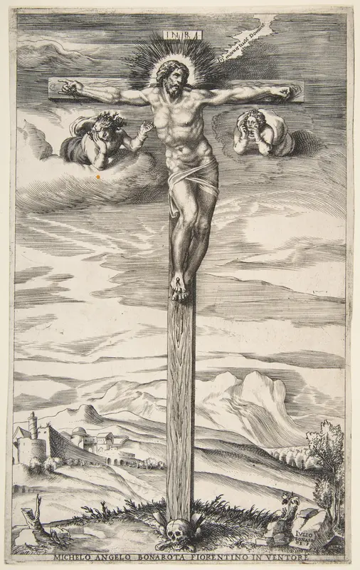 Crucifixion with Two Angels Wall Art by Giulio Bonasone - High-Resolution Digital Print