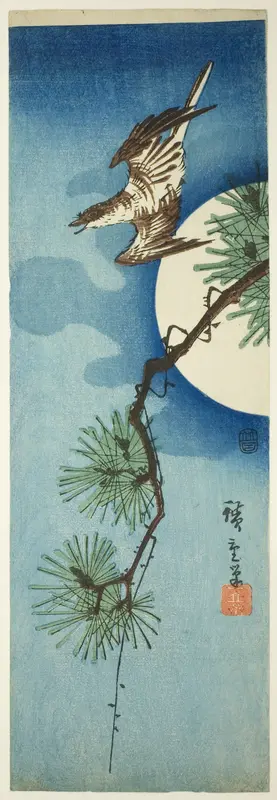 Cuckoo, pine branch, and full moon