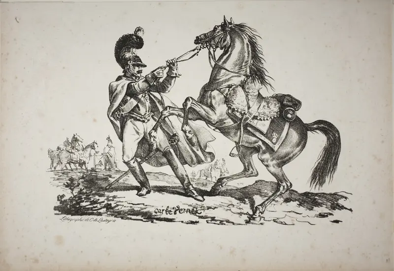 Cuirassier on Foot Holding back his Rearing Horse Wall Art by Carle Vernet - High-Resolution Digital Print