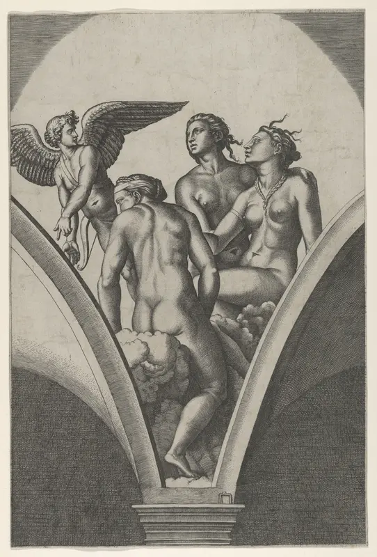 Cupid and The Three Graces, after Raphael's fresco in the Chigi Gallery of the Villa Farnesina in Rome