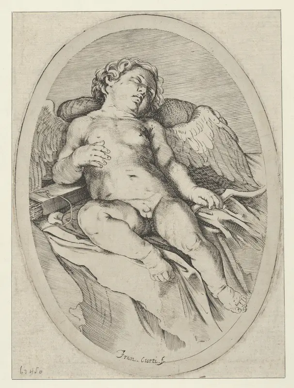 Cupid asleep, resting his right arm on his quiver and his left arm on his bow, an oval composition, after Reni Wall Art by Francesco Curti - High-Resolution Digital Print
