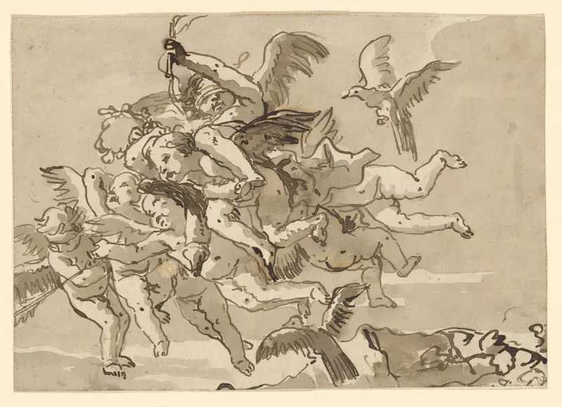 Cupid Blindfolded, Carried Through the Sky by Seven Winged Putti Wall Art by Giovanni Domenico Tiepolo - High-Resolution Digital Print