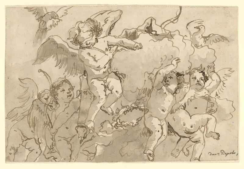 Cupid Blindfolded in the Clouds, with Five Attendant Putti Wall Art by Giovanni Domenico Tiepolo - High-Resolution Digital Print