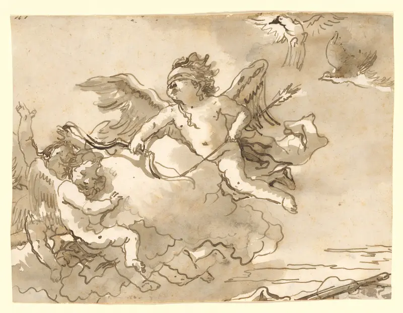 Cupid Blindfolded, on a  Cloud Supported by Two Attendant Putti Wall Art by Giovanni Domenico Tiepolo - High-Resolution Digital Print