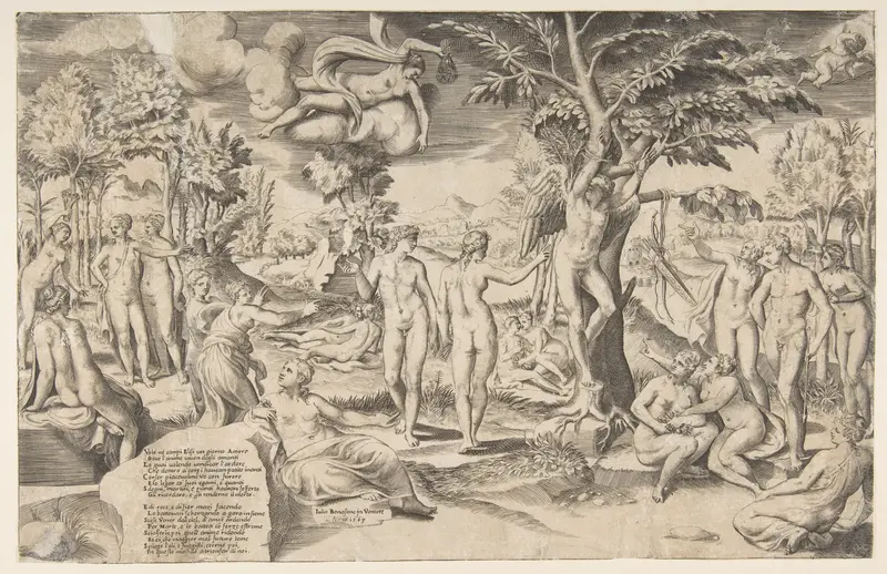 Cupid in the Elysian Fields tied to a tree in the center, surrounded by many figures Wall Art by Giulio Bonasone - High-Resolution Digital Print