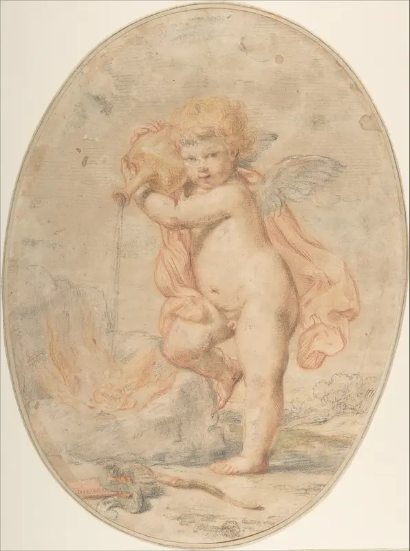 Cupid Pouring Water on a Burning Heart Wall Art by Anonymous, Italian, 18th century - High-Resolution Digital Print