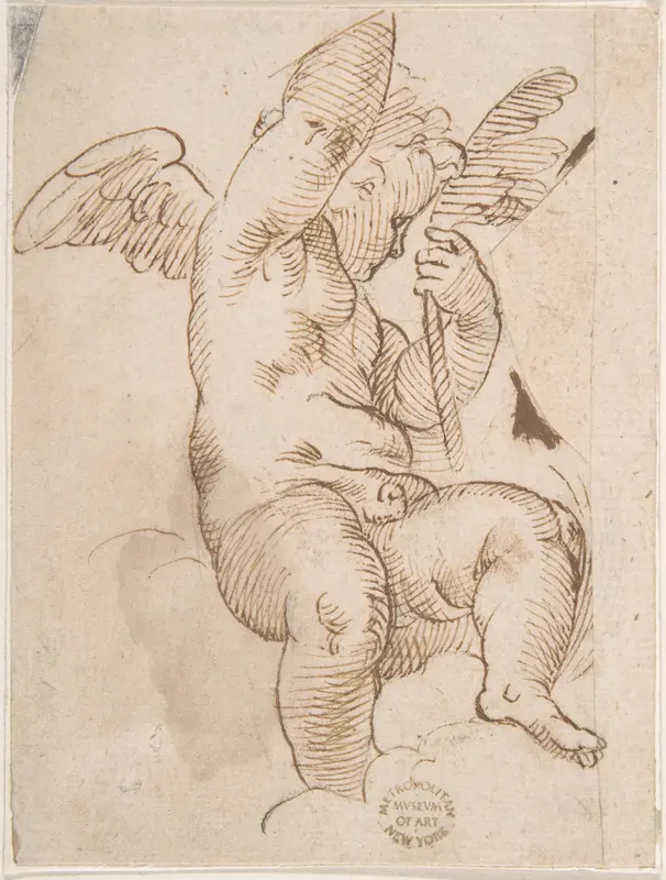 Cupid Seated on a Cloud and Holding a Palm (?) Wall Art by Anonymous, Italian, Emilian, mid-16th century - High-Resolution Digital Print
