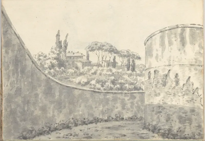 Curved wall, round tower and distant villa, near St. Peter's at Rome (Smaller Italian sketchbook, leaf 8 recto) Wall Art by Joseph Wright (Wright of Derby) - High-Resolution Digital Print