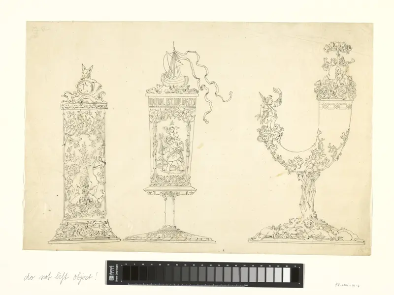 Cylindrische dekselbeker met dansende hazen, een ronde dekselbokaal met Christoforus en een schip op het deksel, en een drinkhoorn met jachtmotieven Wall Art by Unknown - High-Resolution Digital Print