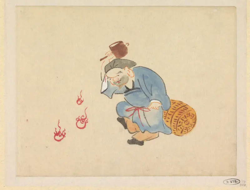 Daikoku met hamer bij vlammen Wall Art by anonymous - High-Resolution Digital Print