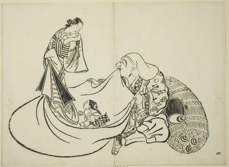 Daikoku revealing the contents of Hotei's bag, no. 2 from the series of 12 prints