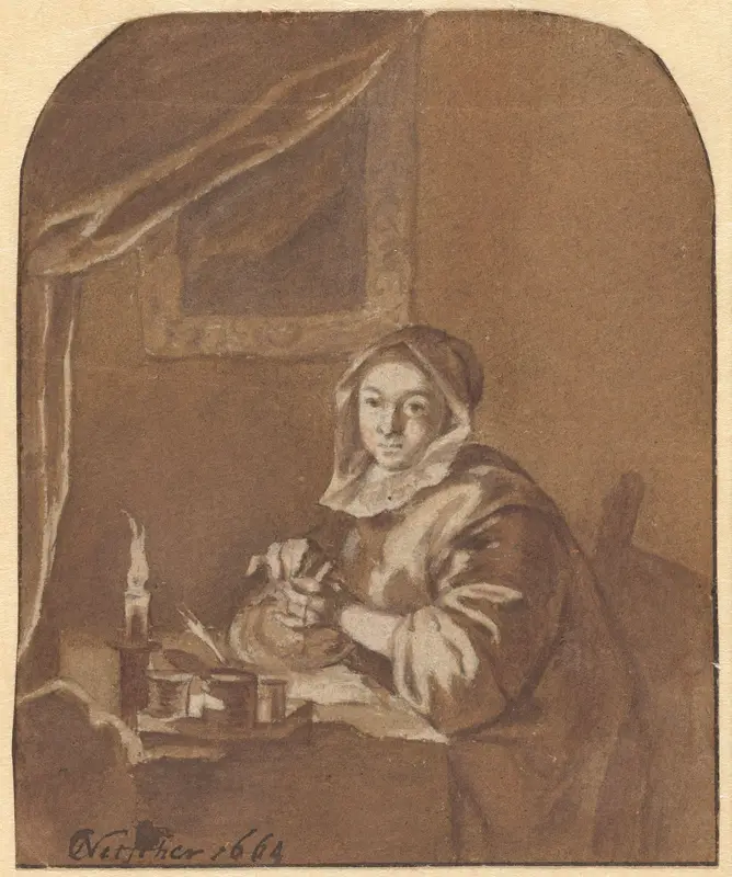 Dame aan tafel zittend Wall Art by Unknown - High-Resolution Digital Print