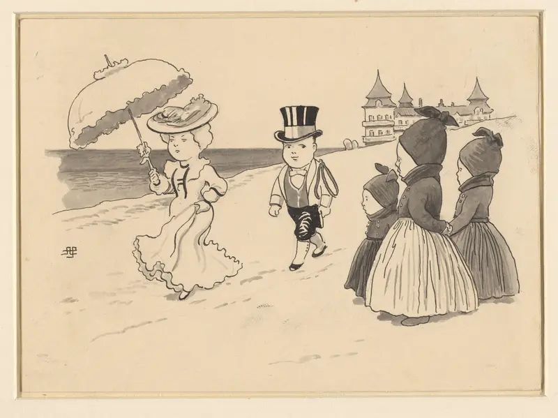 Dame gevolgd door een liverijknecht, drie kindertjes staan er naar te kijken Wall Art by Alfred Michael Roedstad Schmidt - High-Resolution Digital Print