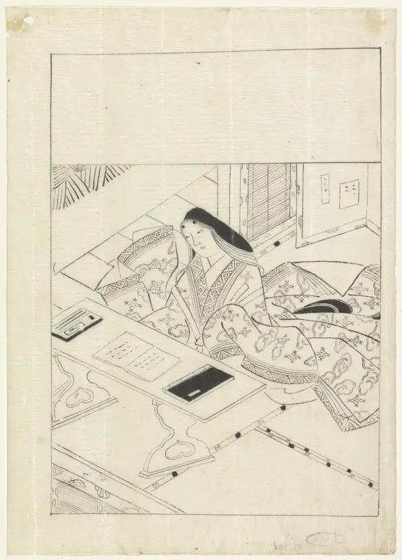 Dame gezeten in een vertrek voor een tafel, waarop twee boeken en schrijfgerei liggen Wall Art by Hishikawa Moronobu - High-Resolution Digital Print