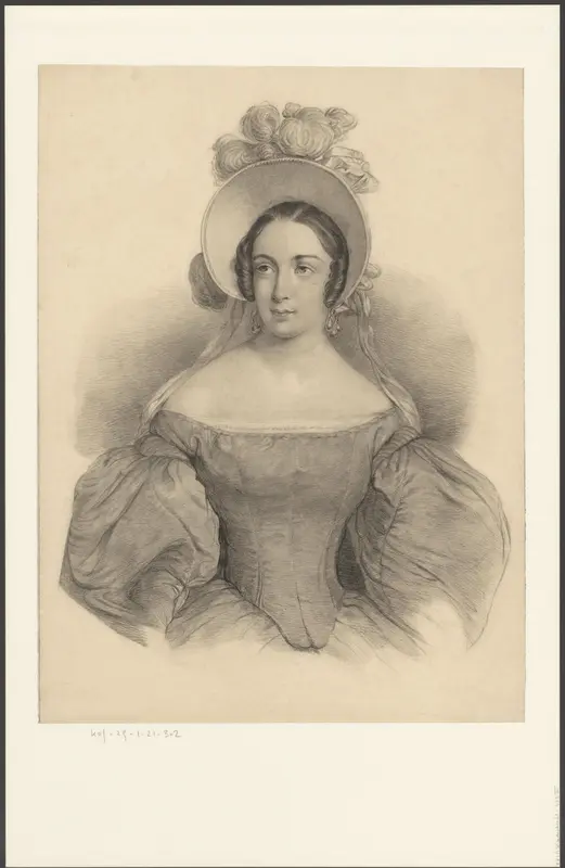 Dame in een jurk met pofmouwen en een luifelhoed Wall Art by anonymous - High-Resolution Digital Print