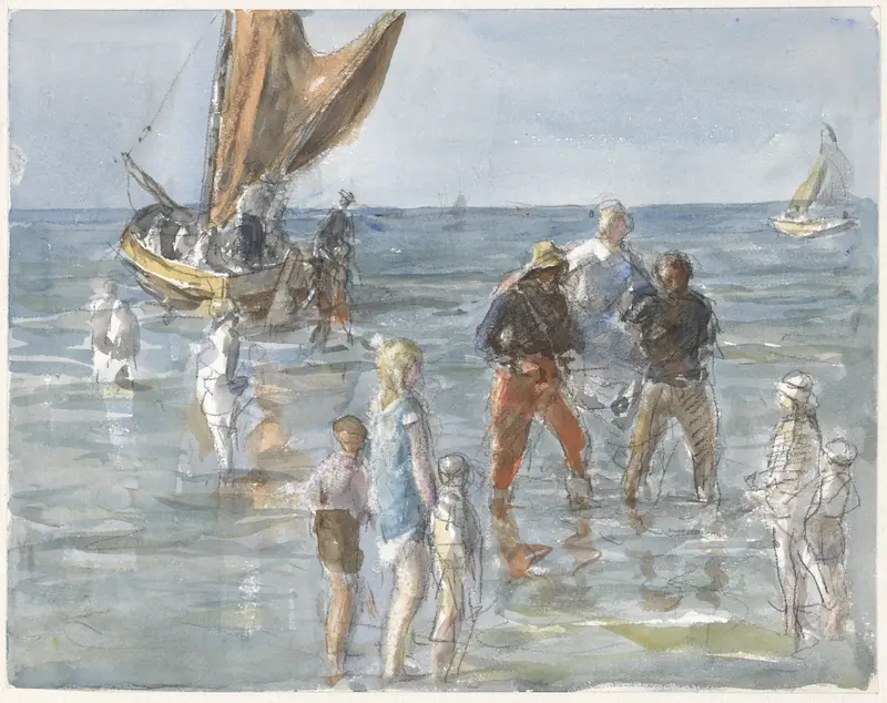 Dame wordt door twee vissers van een boot naar het land gedragen Wall Art by Johan Antonie de Jonge - High-Resolution Digital Print