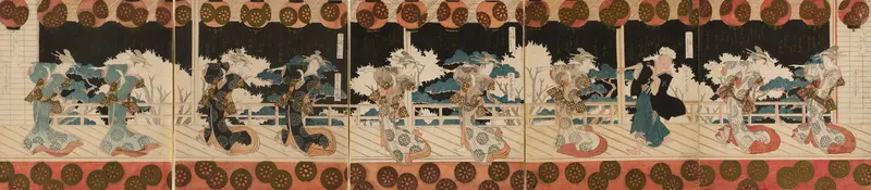 Dancing Courtesans, Four, from the pentaptych series of "Furuichi Dance Performance (Furuichi odori)" for the Hisakataya Poetry Club