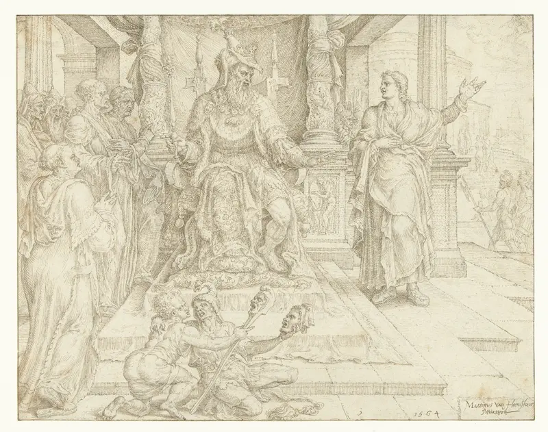 Daniël vertelt Cyrus dat hij alleen de levende God en geen door mensen gemaakte afgodsbeelden kan aanbidden Wall Art by Maarten van Heemskerck - High-Resolution Digital Print